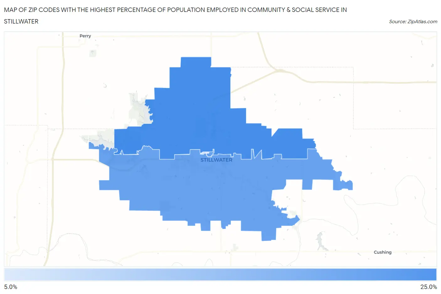 Zip Codes with the Highest Percentage of Population Employed in Community & Social Service  in Stillwater Map
