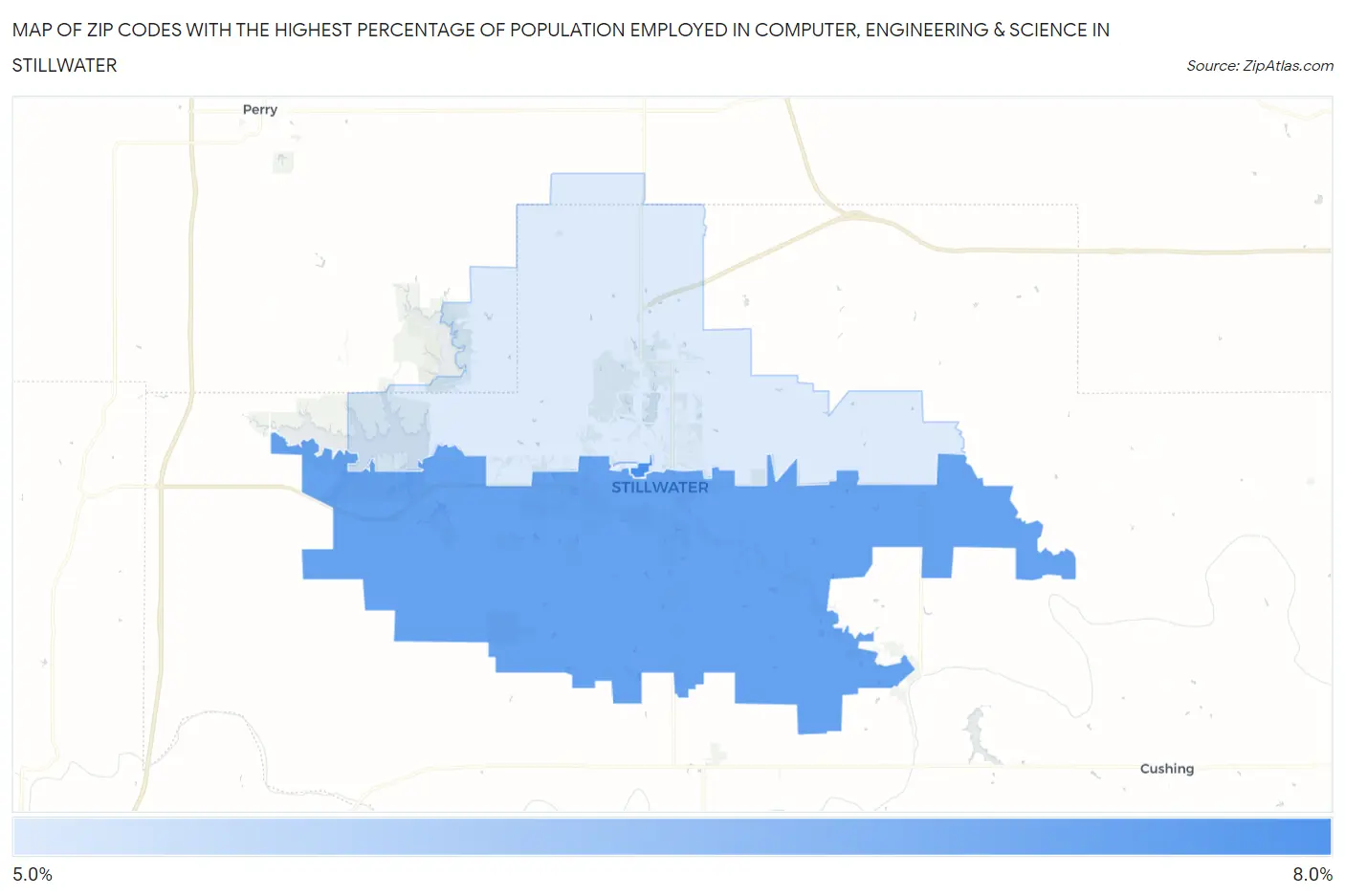 Zip Codes with the Highest Percentage of Population Employed in Computer, Engineering & Science in Stillwater Map
