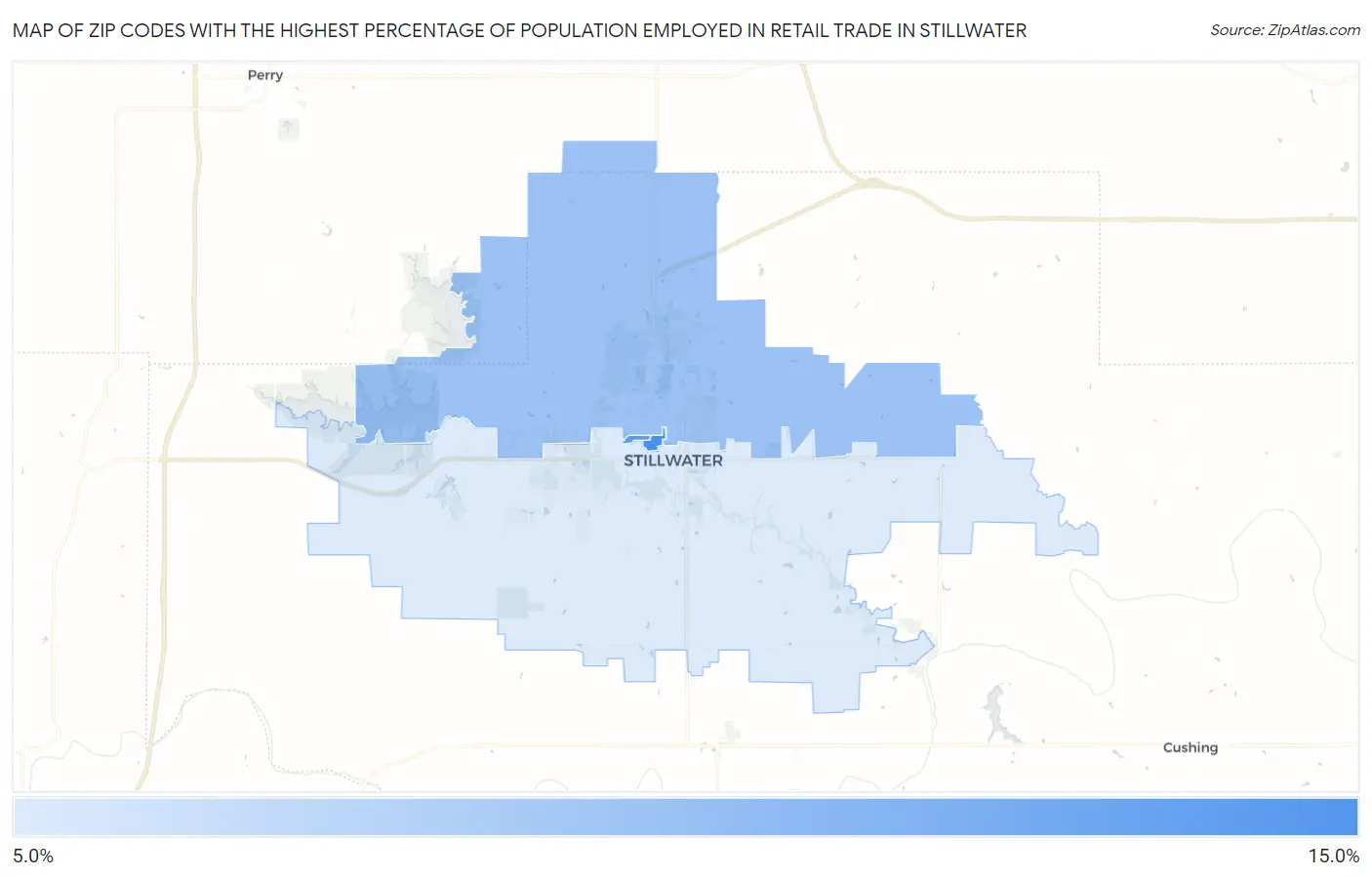 Zip Codes with the Highest Percentage of Population Employed in Retail Trade in Stillwater Map