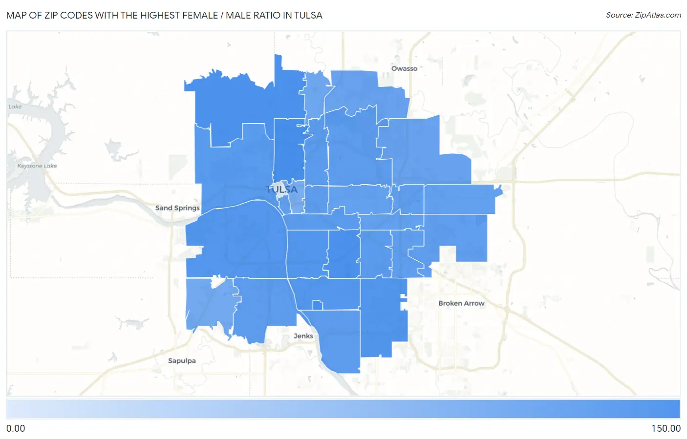 Zip Codes with the Highest Female / Male Ratio in Tulsa Map