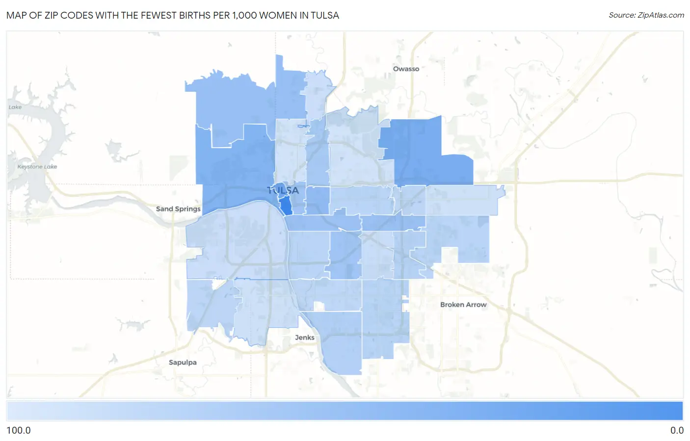 Zip Codes with the Fewest Births per 1,000 Women in Tulsa Map
