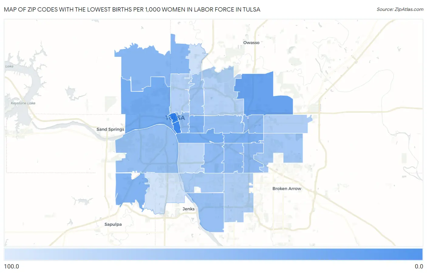 Zip Codes with the Lowest Births per 1,000 Women in Labor Force in Tulsa Map
