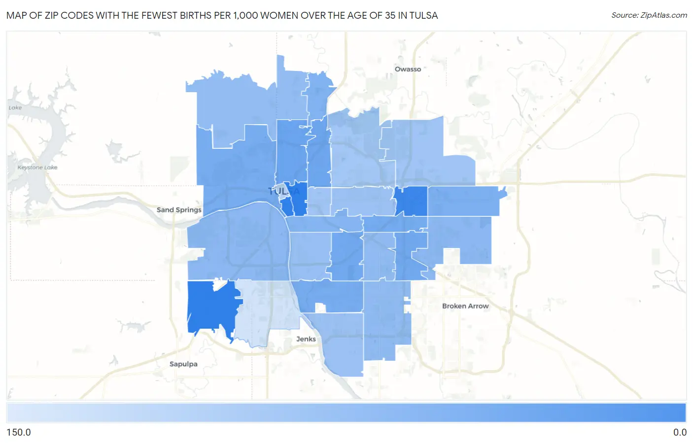 Zip Codes with the Fewest Births per 1,000 Women Over the Age of 35 in Tulsa Map