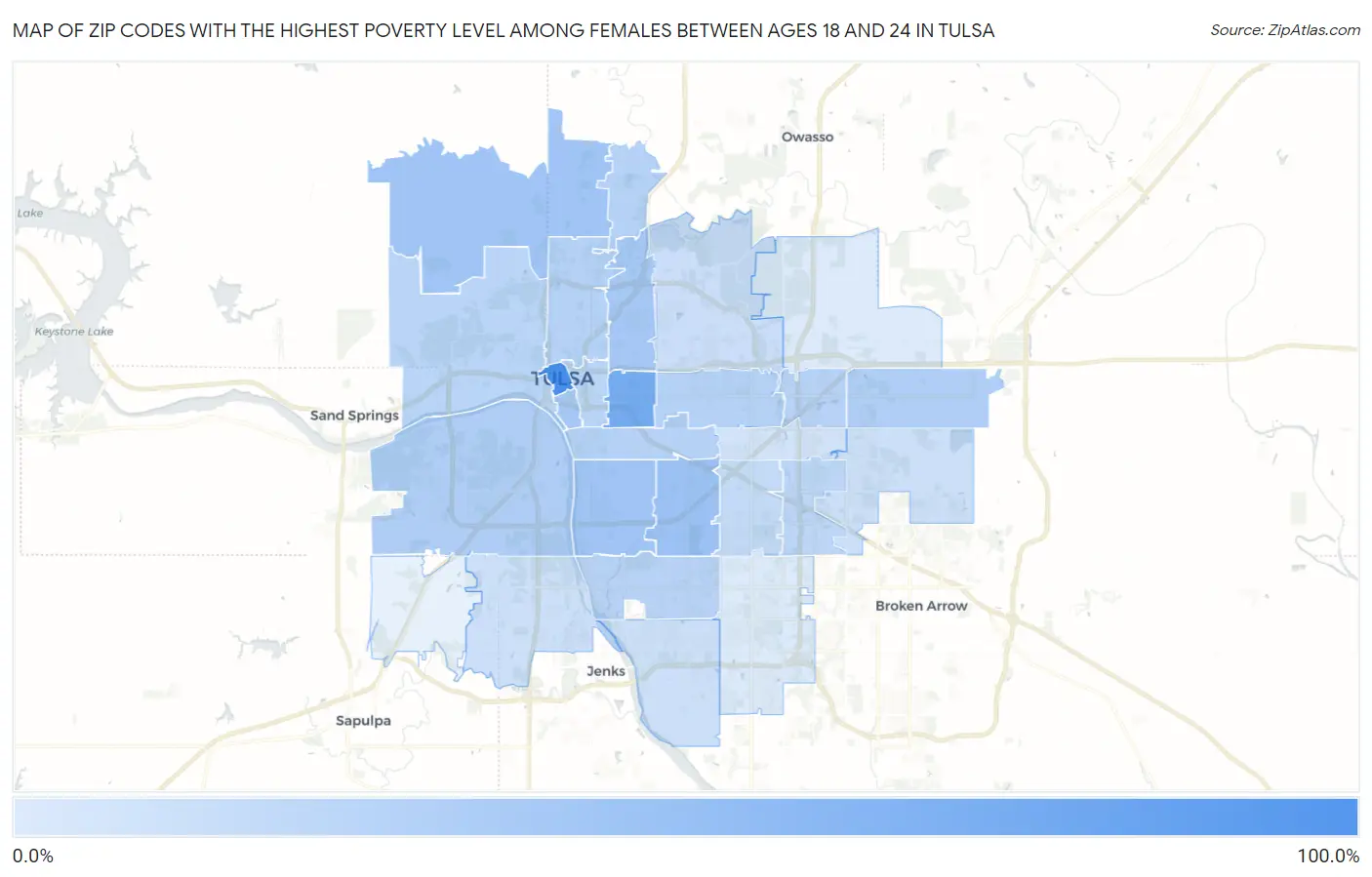 Zip Codes with the Highest Poverty Level Among Females Between Ages 18 and 24 in Tulsa Map