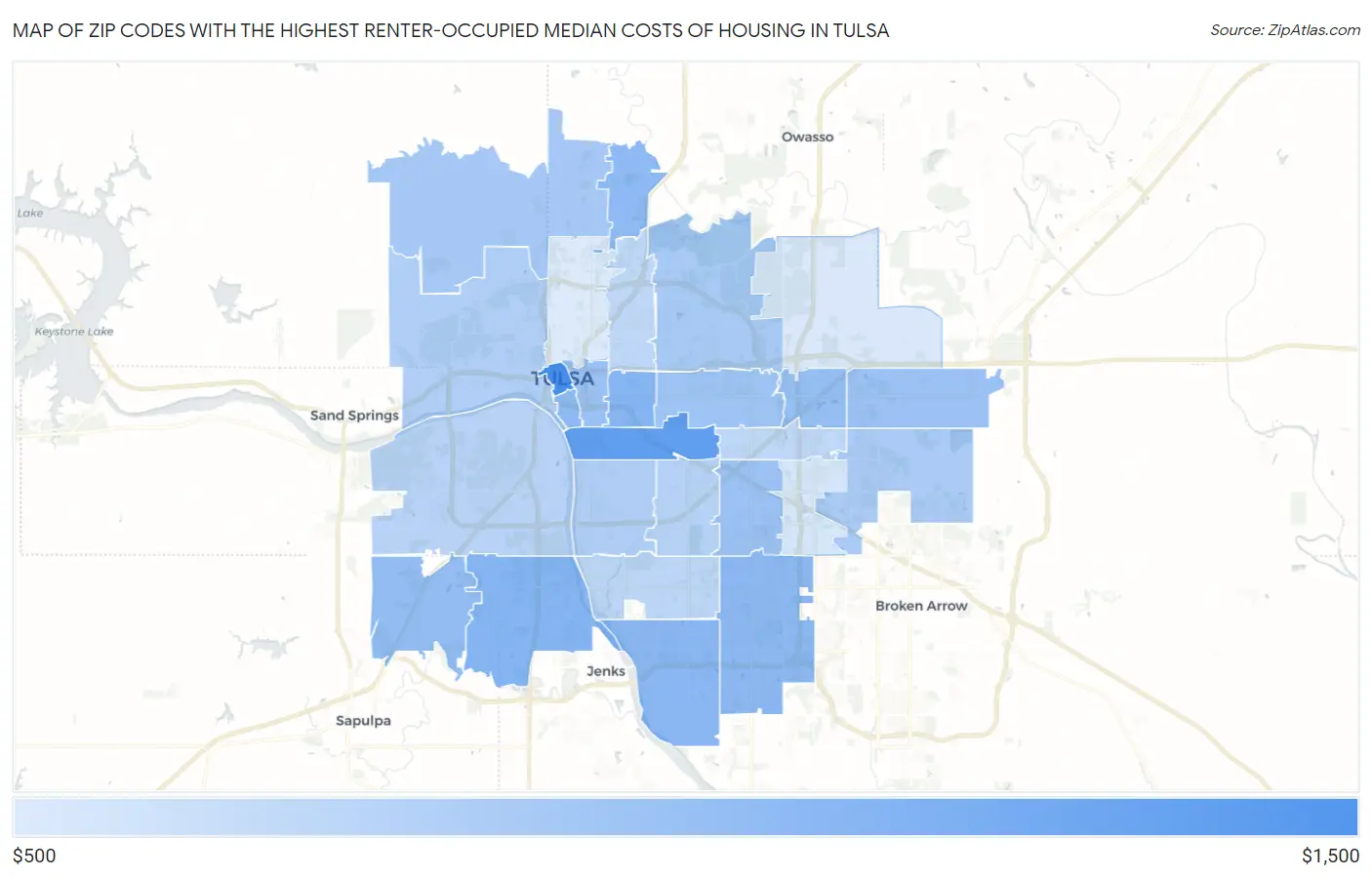 Zip Codes with the Highest Renter-Occupied Median Costs of Housing in Tulsa Map