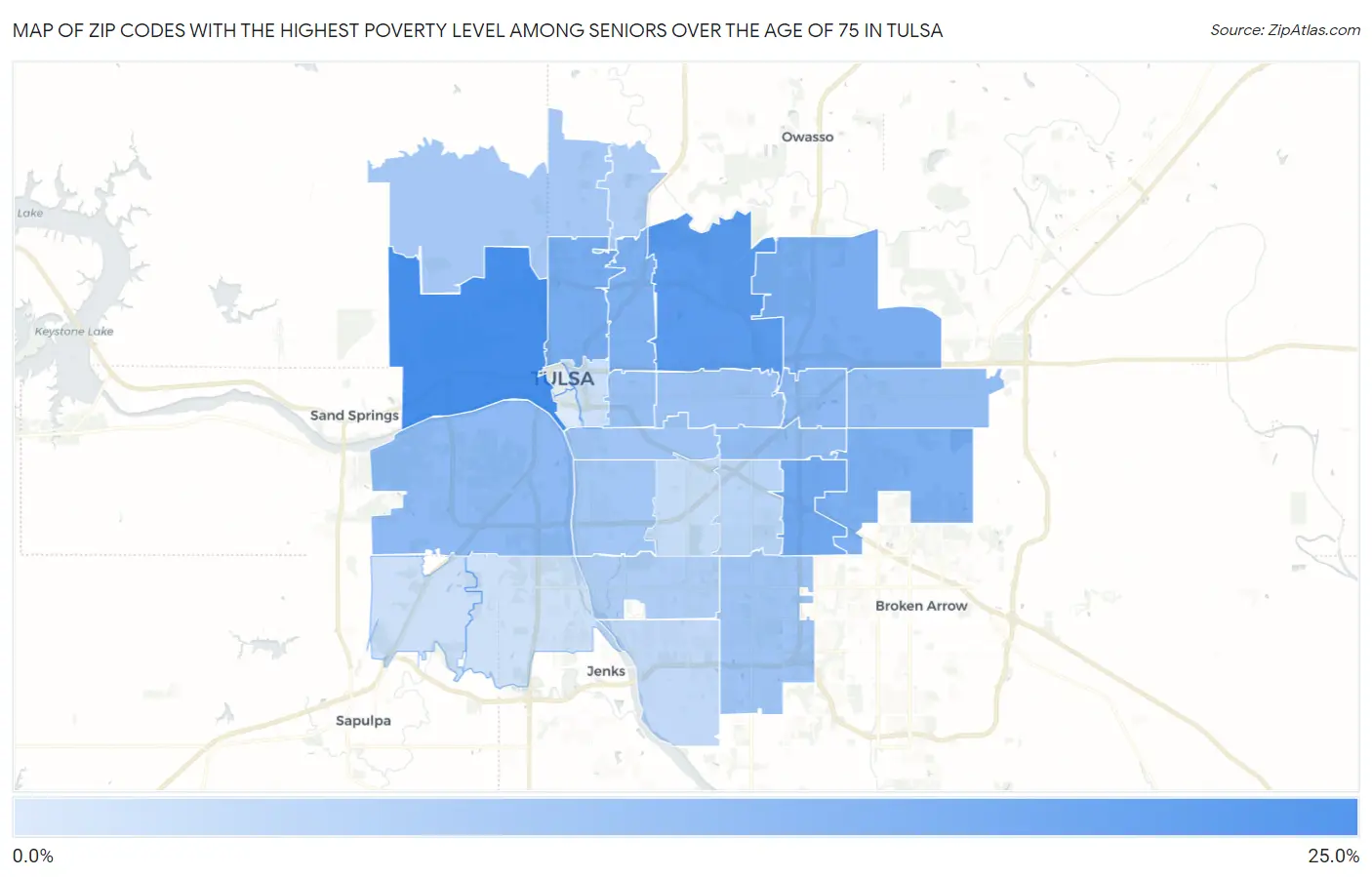 Zip Codes with the Highest Poverty Level Among Seniors Over the Age of 75 in Tulsa Map