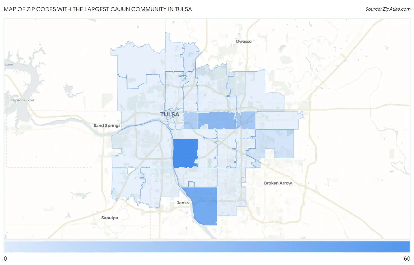 Zip Codes with the Largest Cajun Community in Tulsa Map