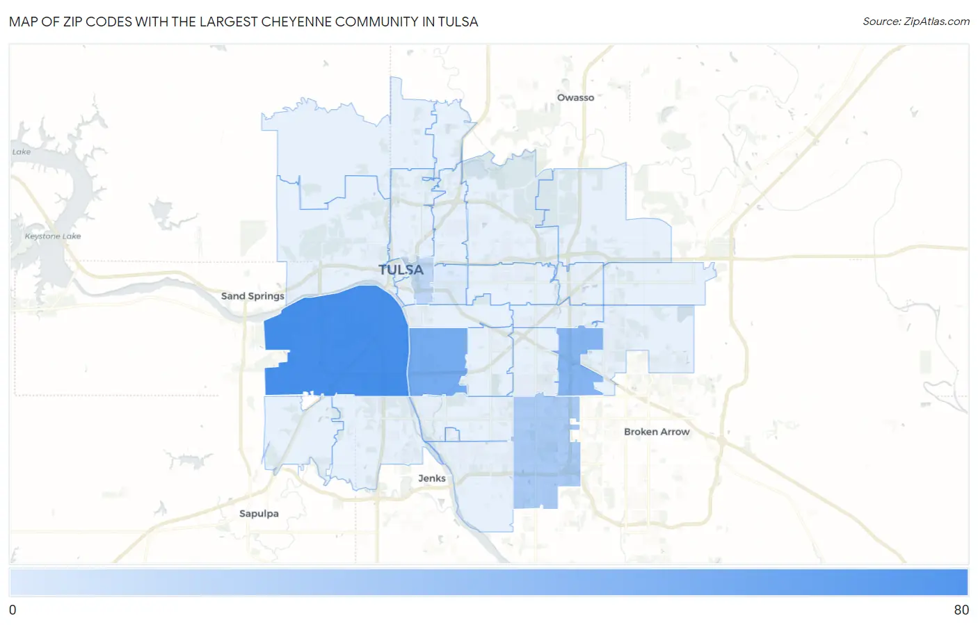 Zip Codes with the Largest Cheyenne Community in Tulsa Map