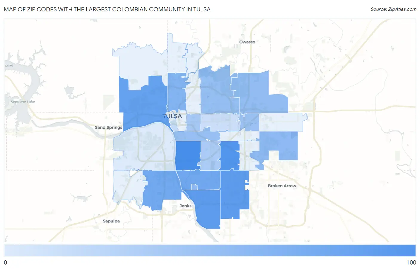 Zip Codes with the Largest Colombian Community in Tulsa Map