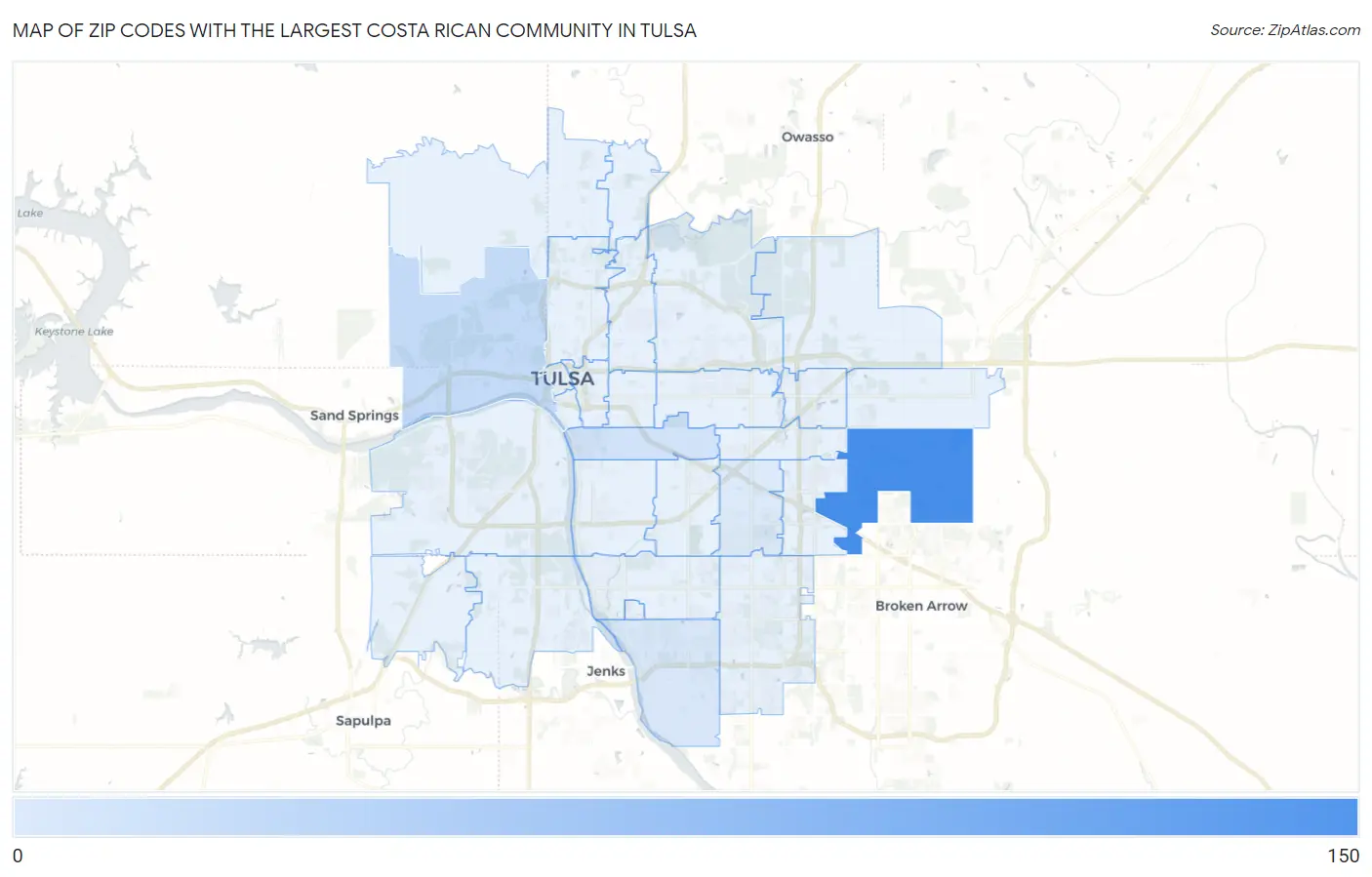 Zip Codes with the Largest Costa Rican Community in Tulsa Map