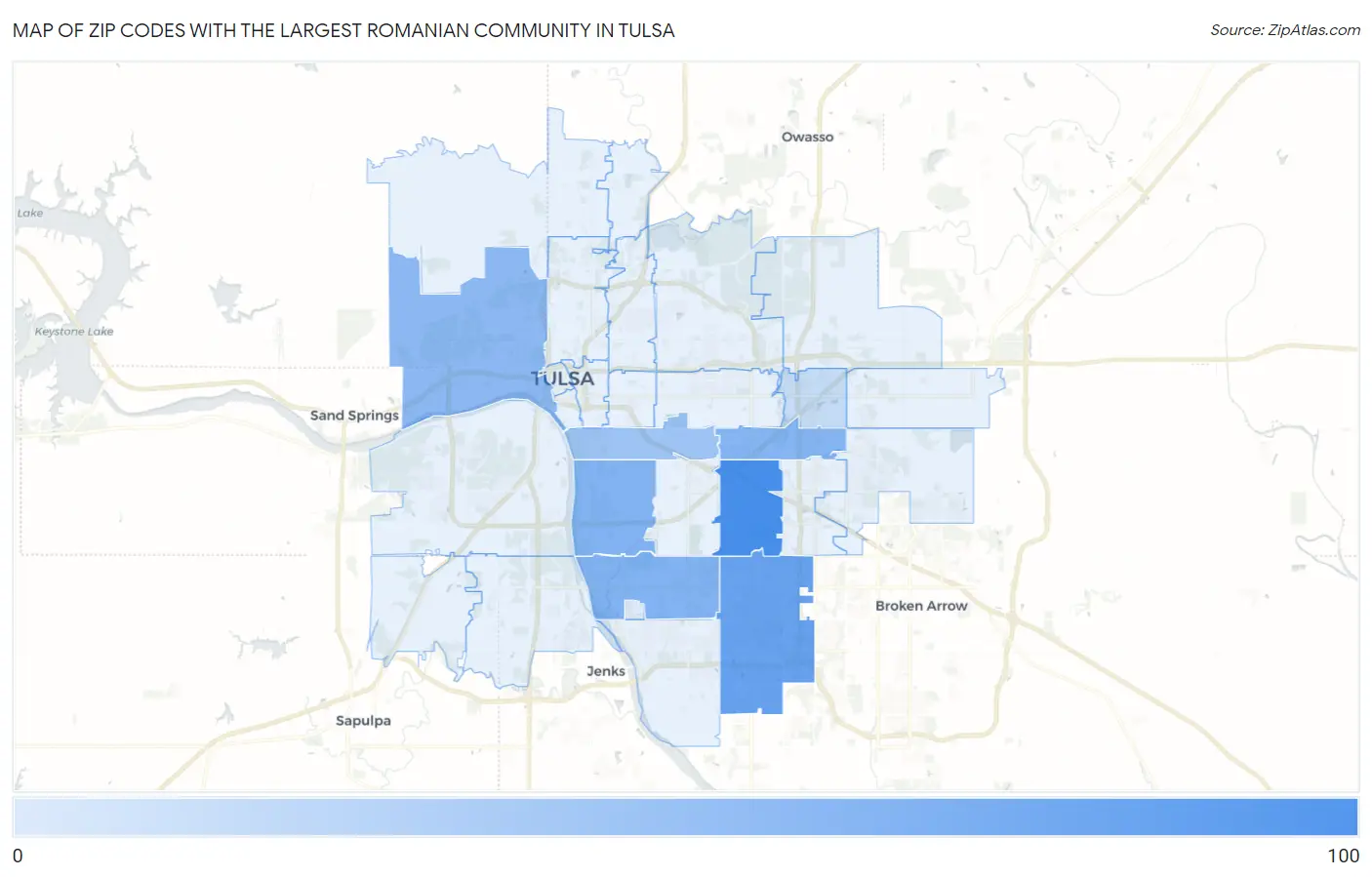 Zip Codes with the Largest Romanian Community in Tulsa Map