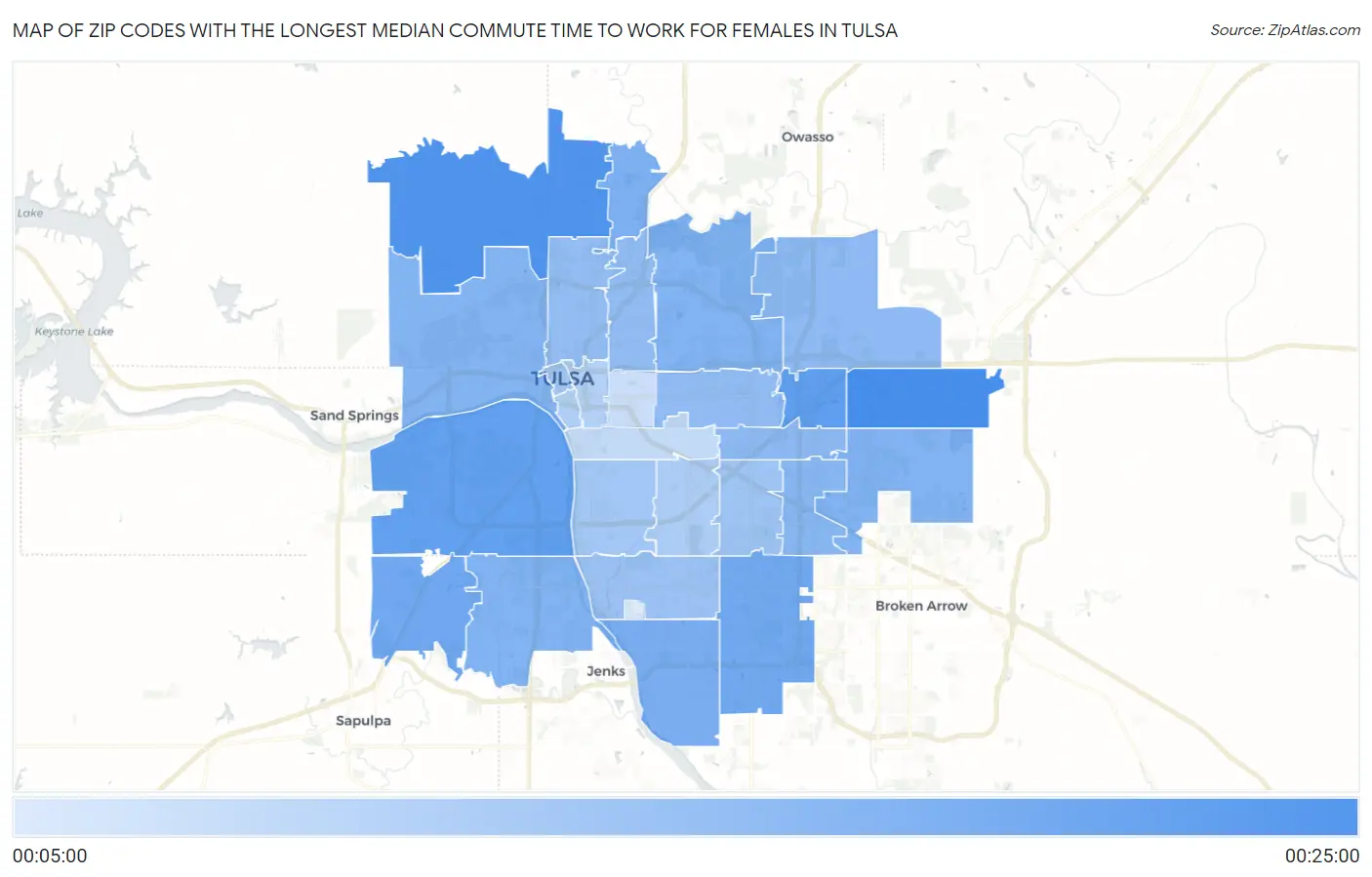 Zip Codes with the Longest Median Commute Time to Work for Females in Tulsa Map