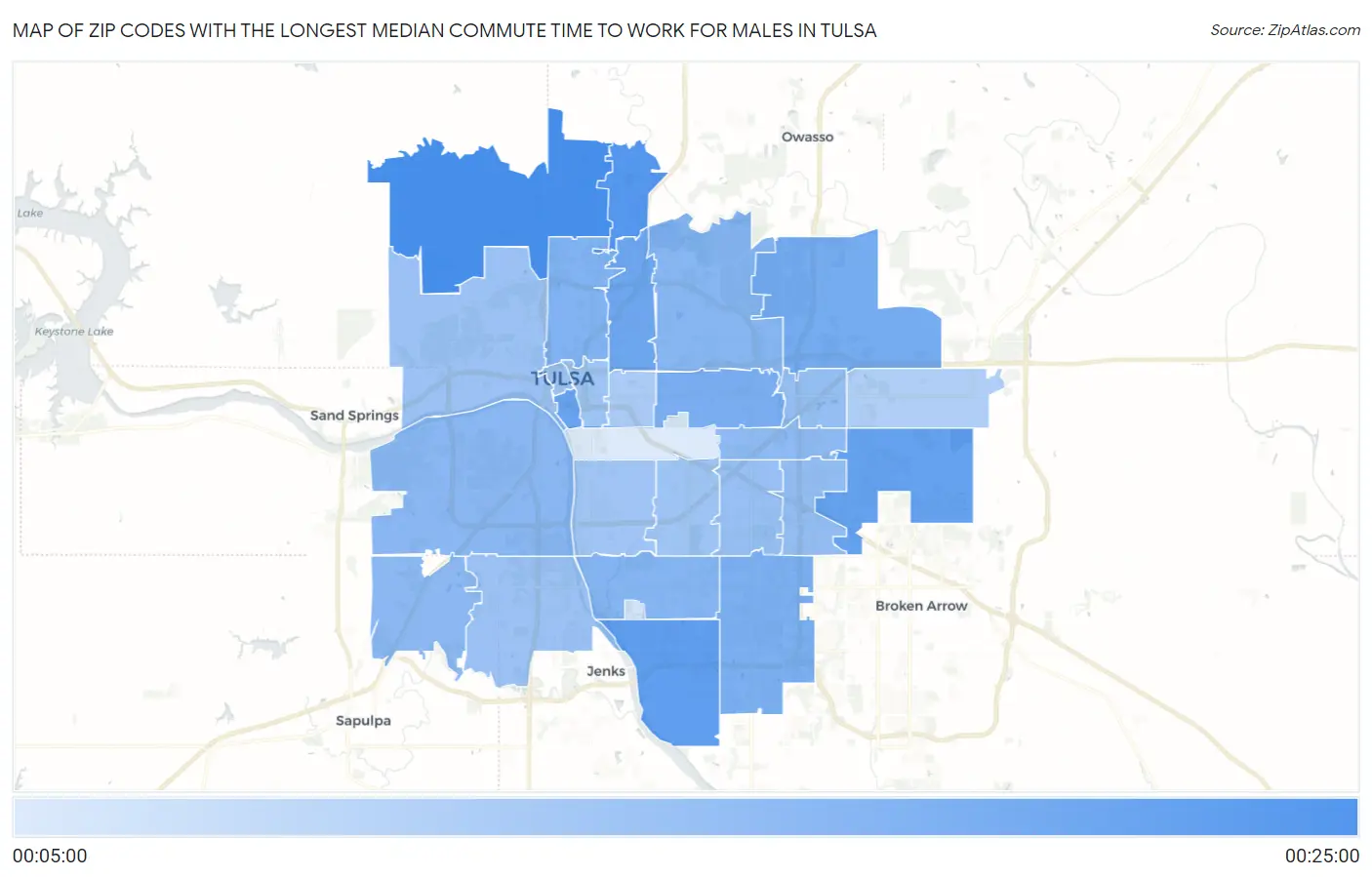 Zip Codes with the Longest Median Commute Time to Work for Males in Tulsa Map