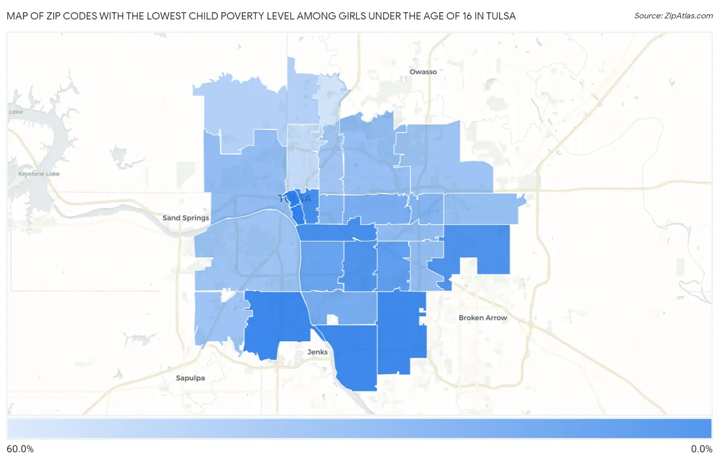 Zip Codes with the Lowest Child Poverty Level Among Girls Under the Age of 16 in Tulsa Map