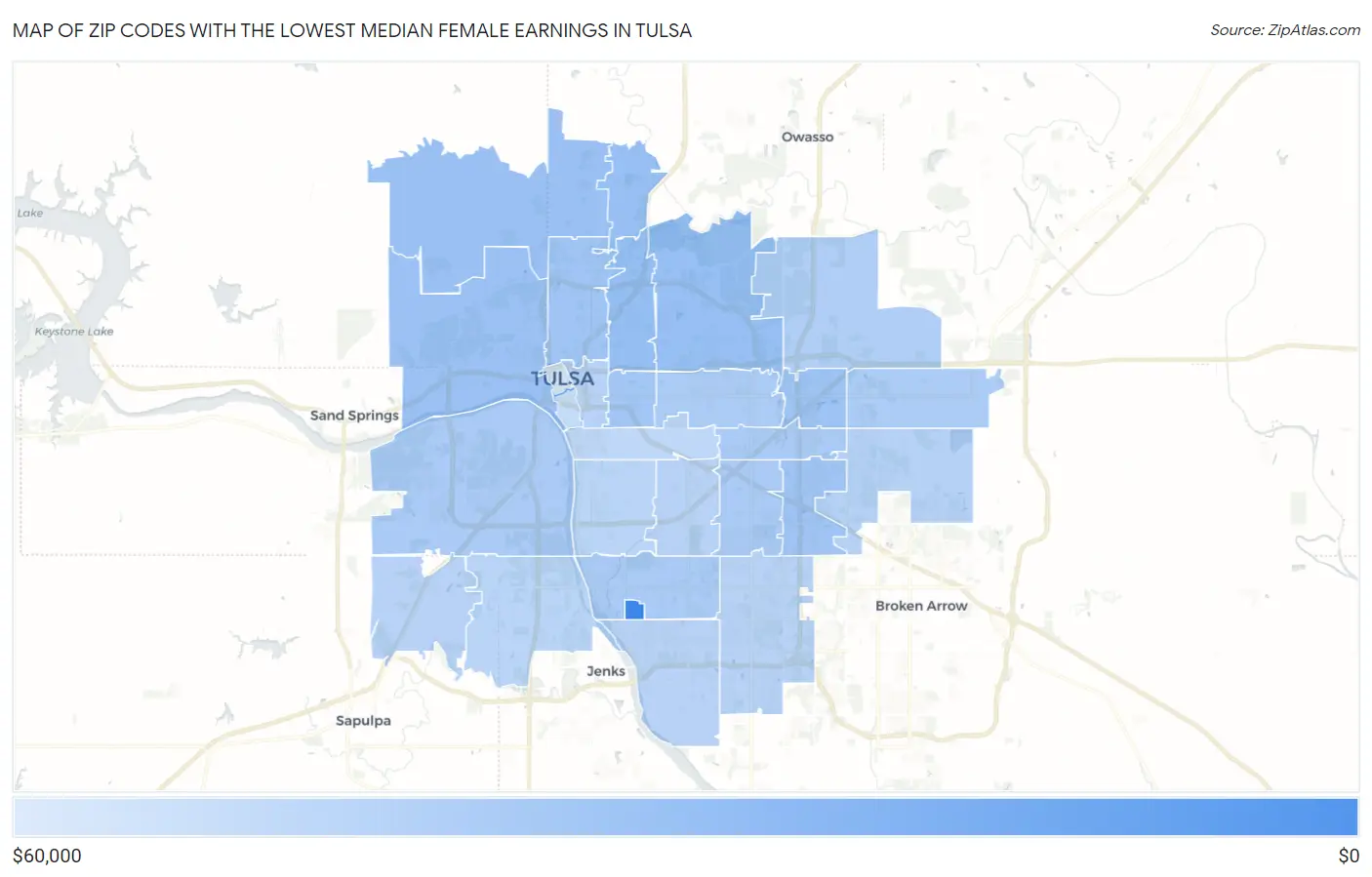 Zip Codes with the Lowest Median Female Earnings in Tulsa Map