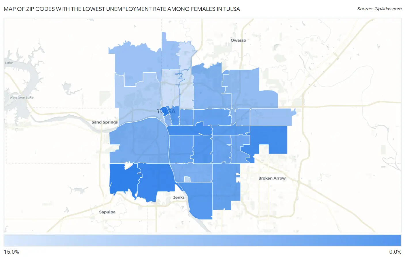 Zip Codes with the Lowest Unemployment Rate Among Females in Tulsa Map