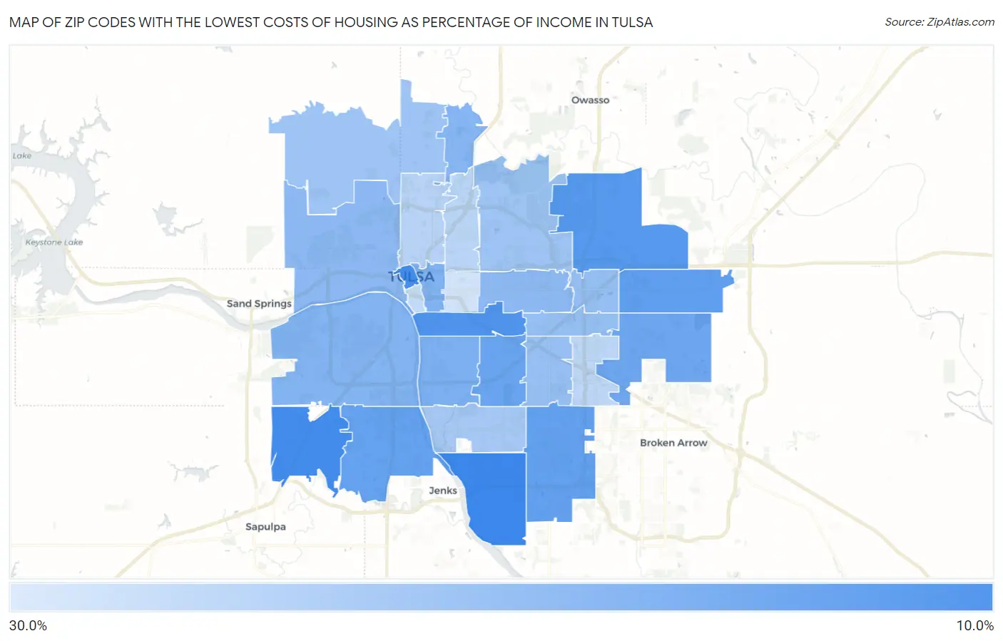 Zip Codes with the Lowest Costs of Housing as Percentage of Income in Tulsa Map