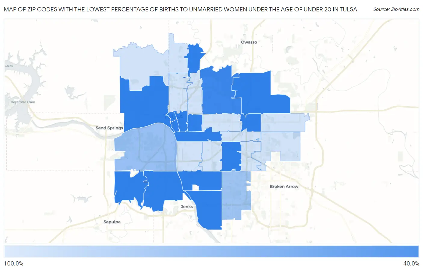 Zip Codes with the Lowest Percentage of Births to Unmarried Women under the Age of under 20 in Tulsa Map