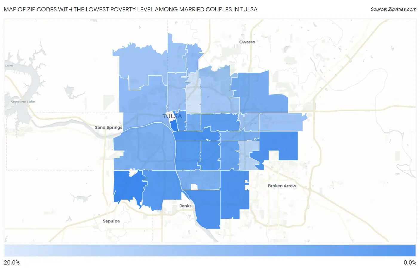 Zip Codes with the Lowest Poverty Level Among Married Couples in Tulsa Map