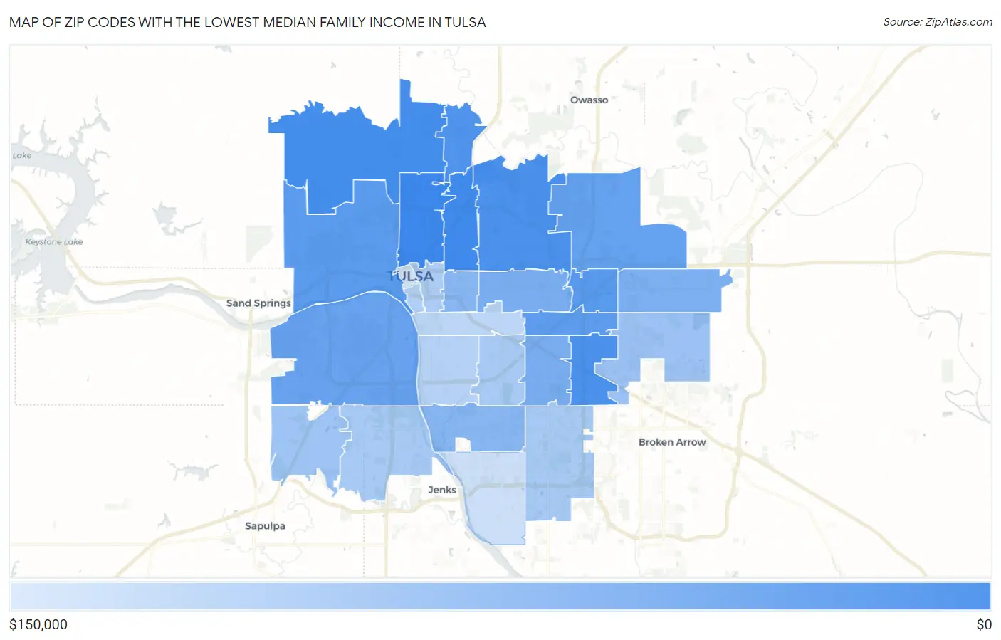 Zip Codes with the Lowest Median Family Income in Tulsa Map