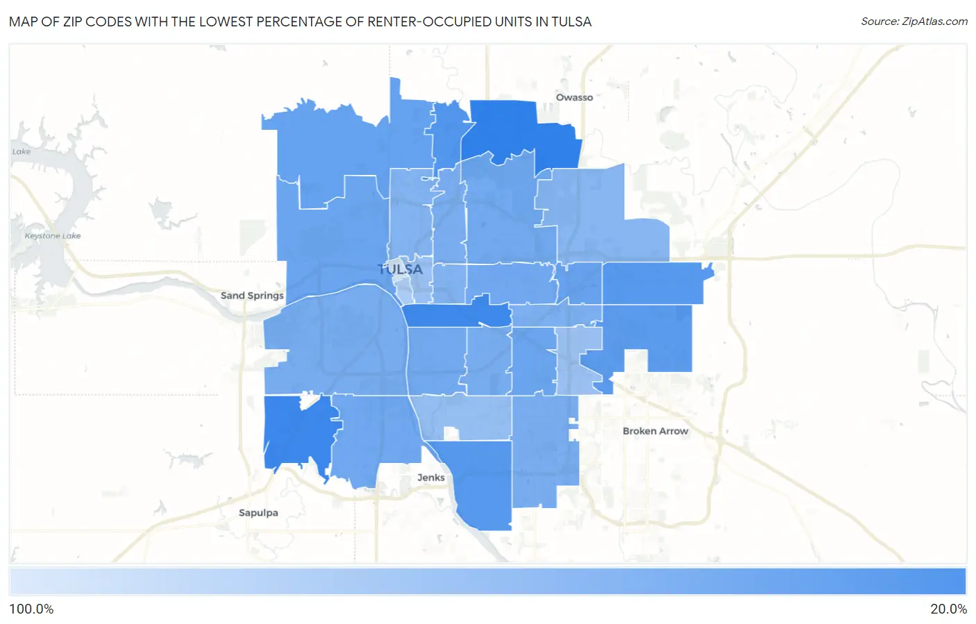 Zip Codes with the Lowest Percentage of Renter-Occupied Units in Tulsa Map