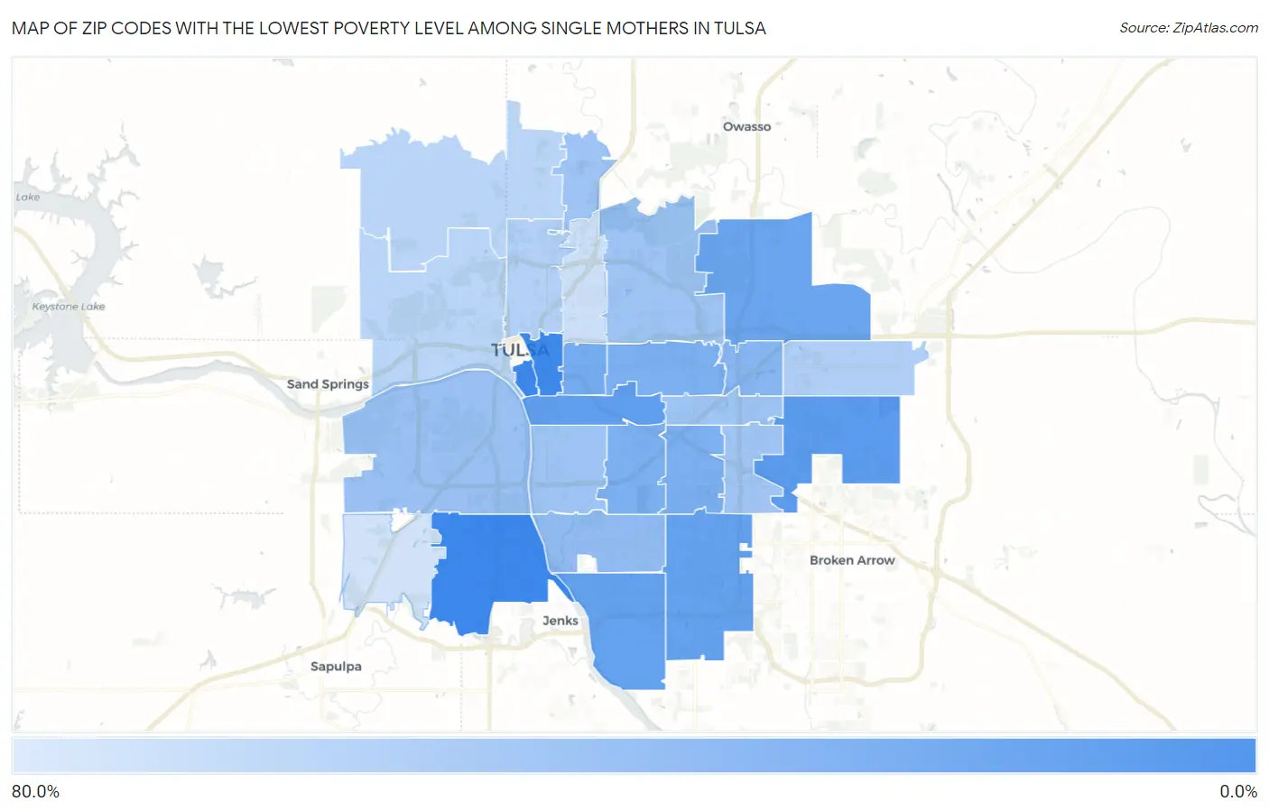 Zip Codes with the Lowest Poverty Level Among Single Mothers in Tulsa Map