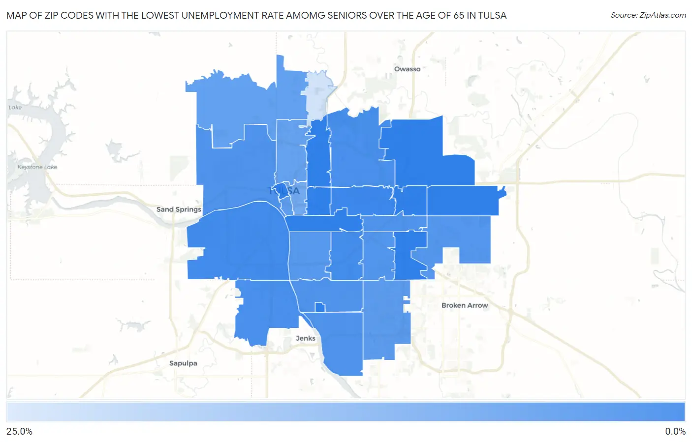 Zip Codes with the Lowest Unemployment Rate Amomg Seniors Over the Age of 65 in Tulsa Map