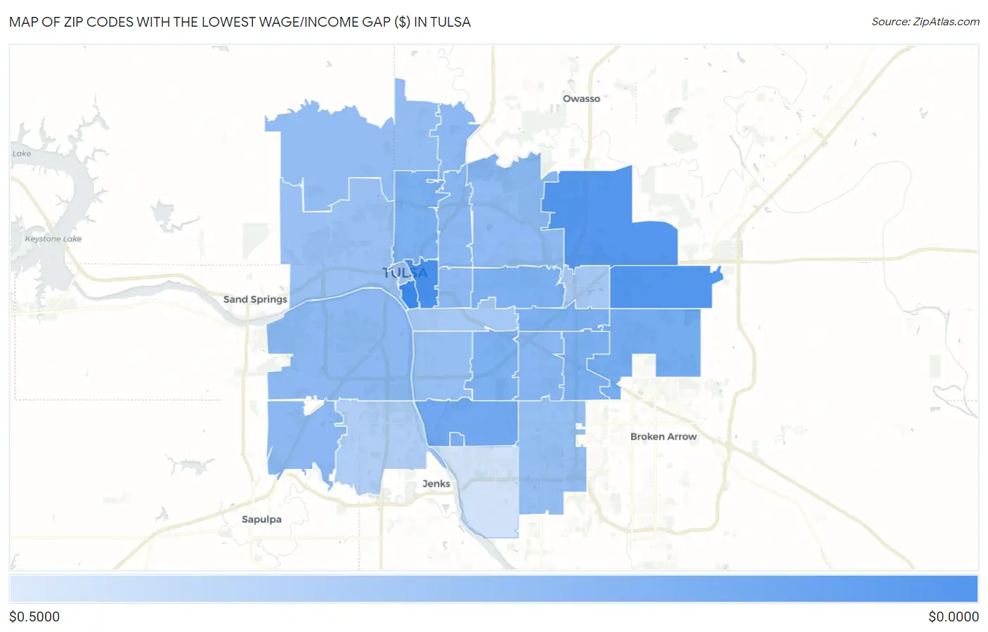 Zip Codes with the Lowest Wage/Income Gap ($) in Tulsa Map