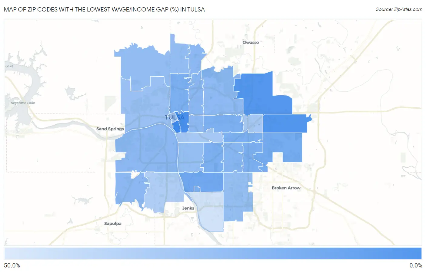 Zip Codes with the Lowest Wage/Income Gap (%) in Tulsa Map
