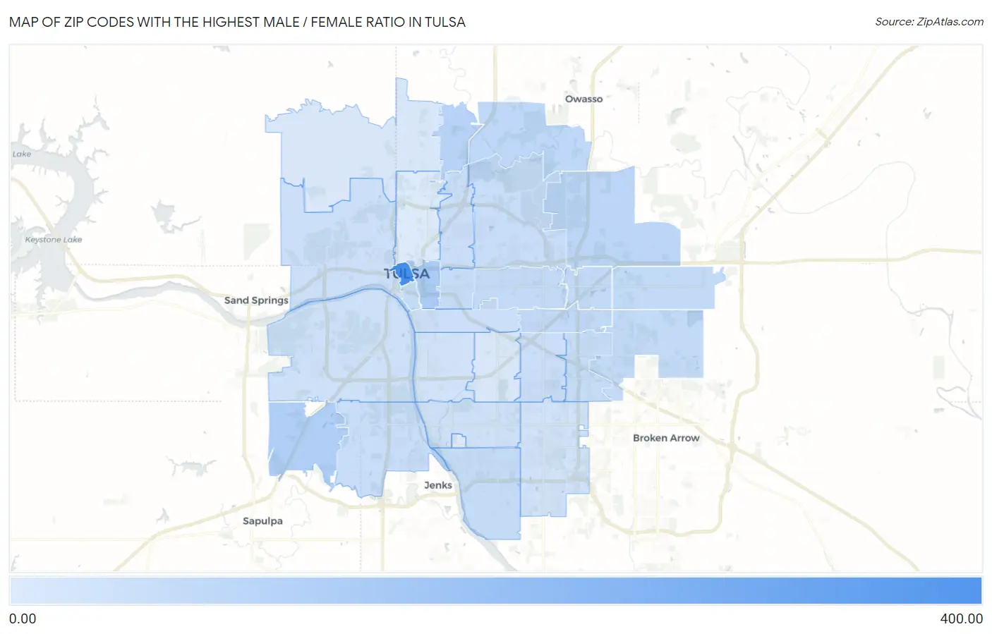 Zip Codes with the Highest Male / Female Ratio in Tulsa Map