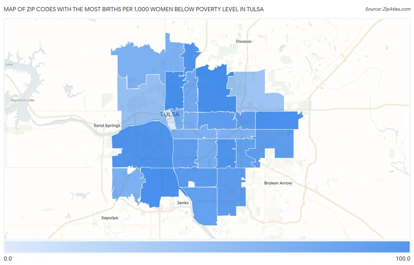 Zip Codes with the Most Births per 1,000 Women Below Poverty Level in Tulsa Map