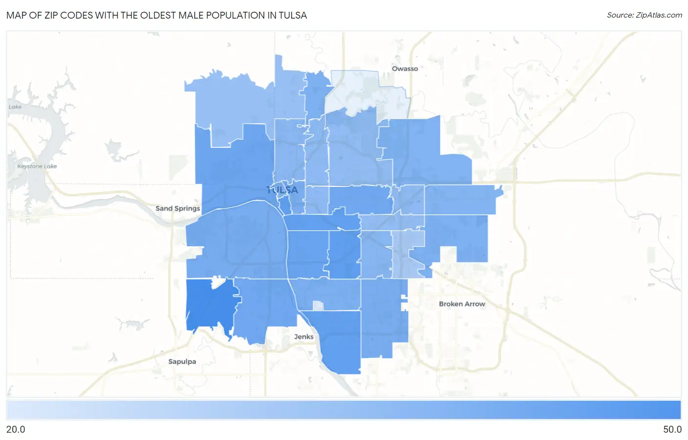 Zip Codes with the Oldest Male Population in Tulsa Map