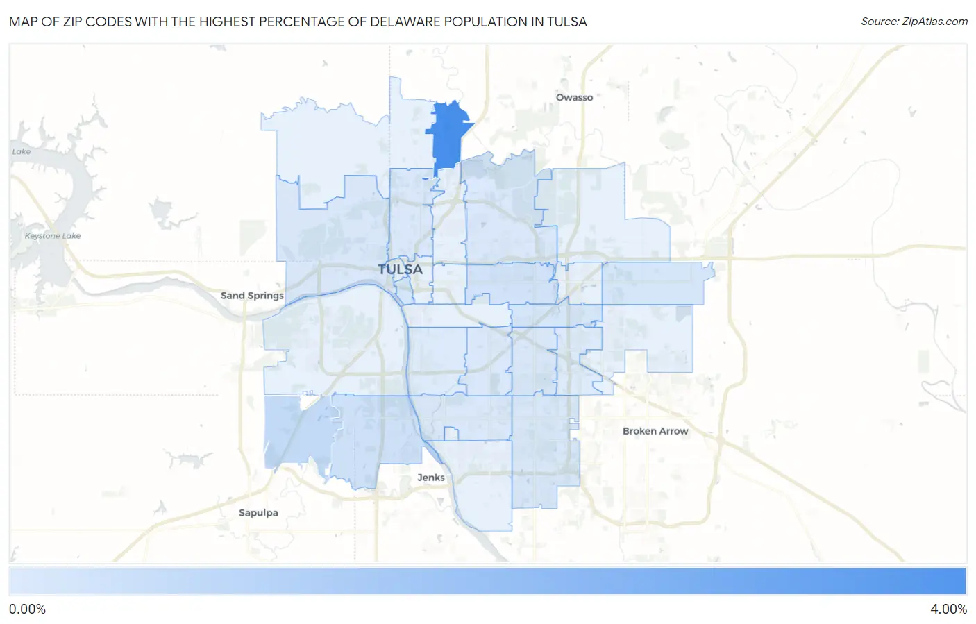 Zip Codes with the Highest Percentage of Delaware Population in Tulsa Map