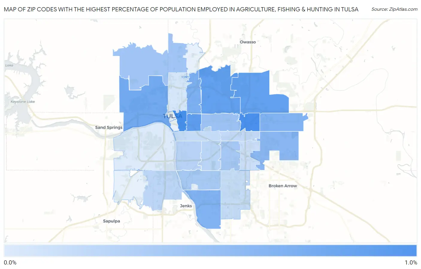 Zip Codes with the Highest Percentage of Population Employed in Agriculture, Fishing & Hunting in Tulsa Map
