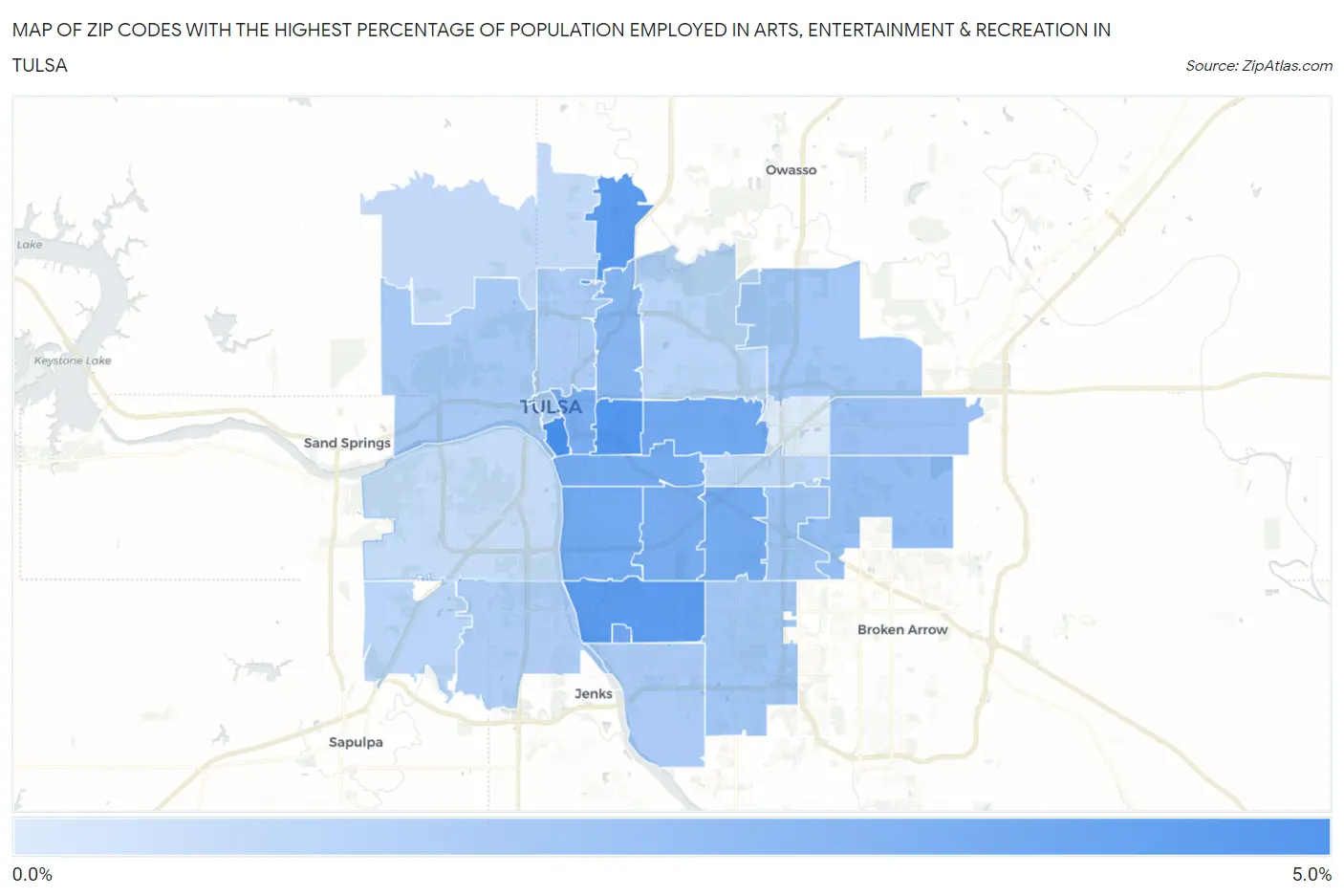 Zip Codes with the Highest Percentage of Population Employed in Arts, Entertainment & Recreation in Tulsa Map