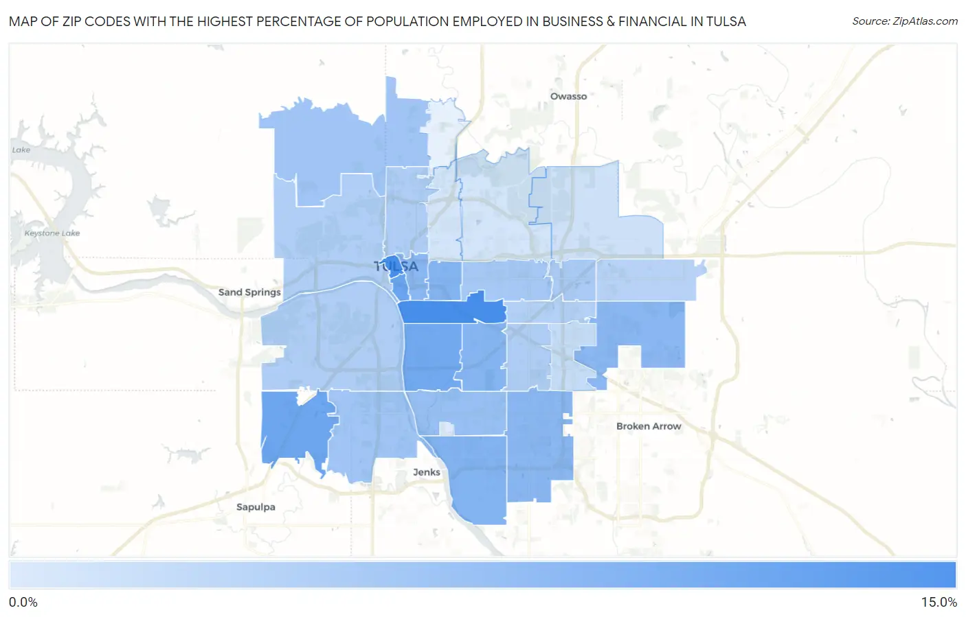 Zip Codes with the Highest Percentage of Population Employed in Business & Financial in Tulsa Map