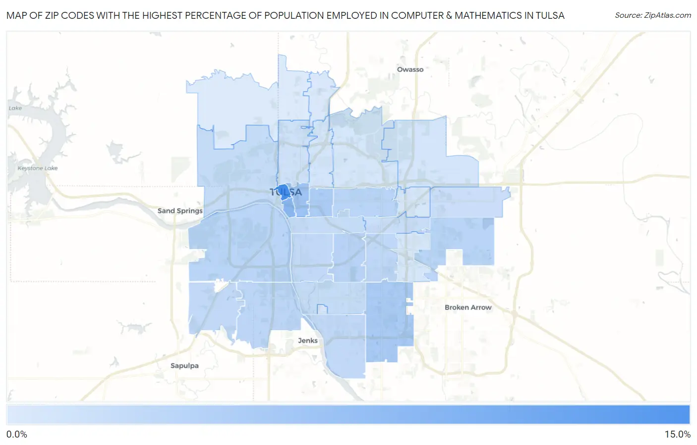 Zip Codes with the Highest Percentage of Population Employed in Computer & Mathematics in Tulsa Map