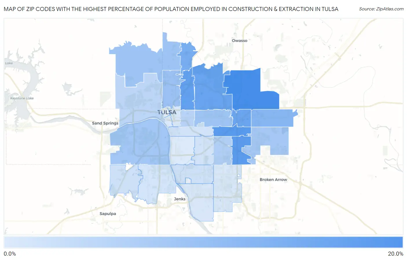 Zip Codes with the Highest Percentage of Population Employed in Construction & Extraction in Tulsa Map