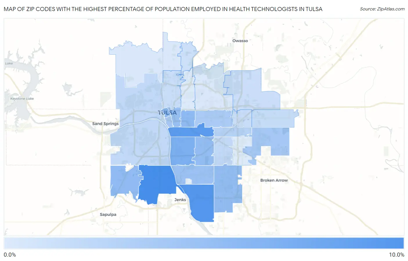 Zip Codes with the Highest Percentage of Population Employed in Health Technologists in Tulsa Map