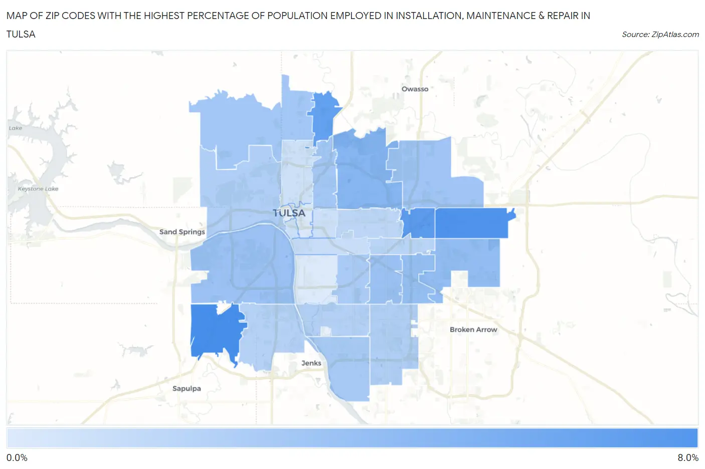 Zip Codes with the Highest Percentage of Population Employed in Installation, Maintenance & Repair in Tulsa Map