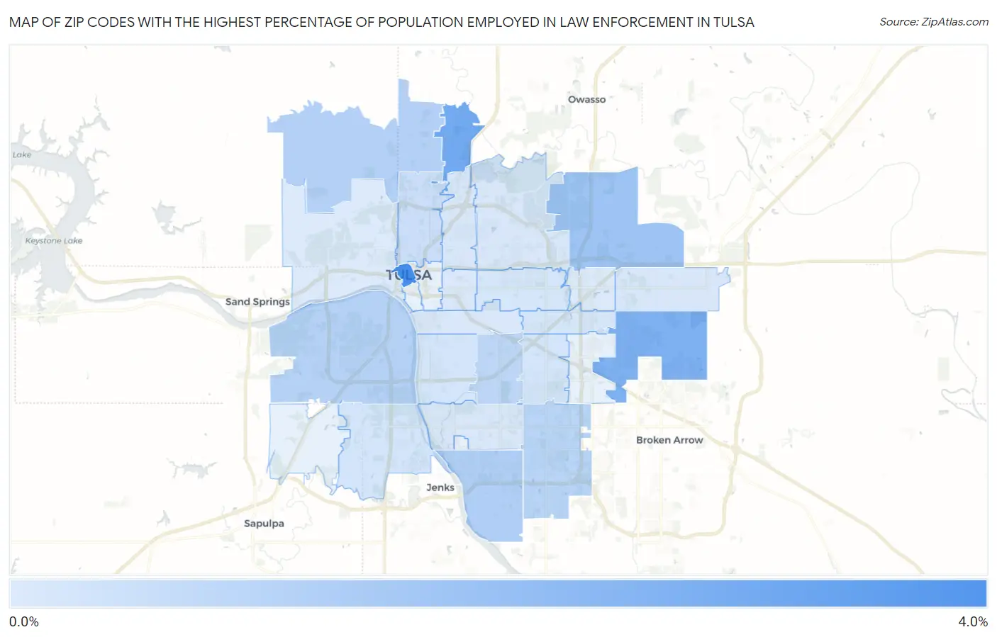 Zip Codes with the Highest Percentage of Population Employed in Law Enforcement in Tulsa Map