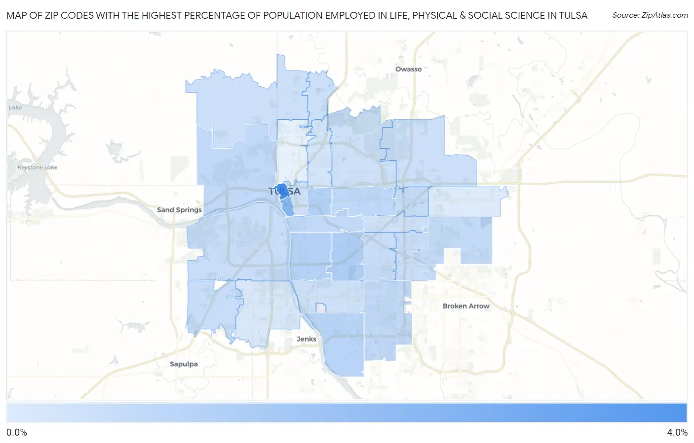 Zip Codes with the Highest Percentage of Population Employed in Life, Physical & Social Science in Tulsa Map