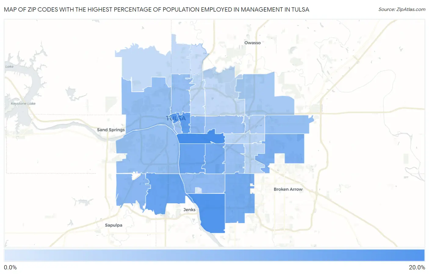 Zip Codes with the Highest Percentage of Population Employed in Management in Tulsa Map