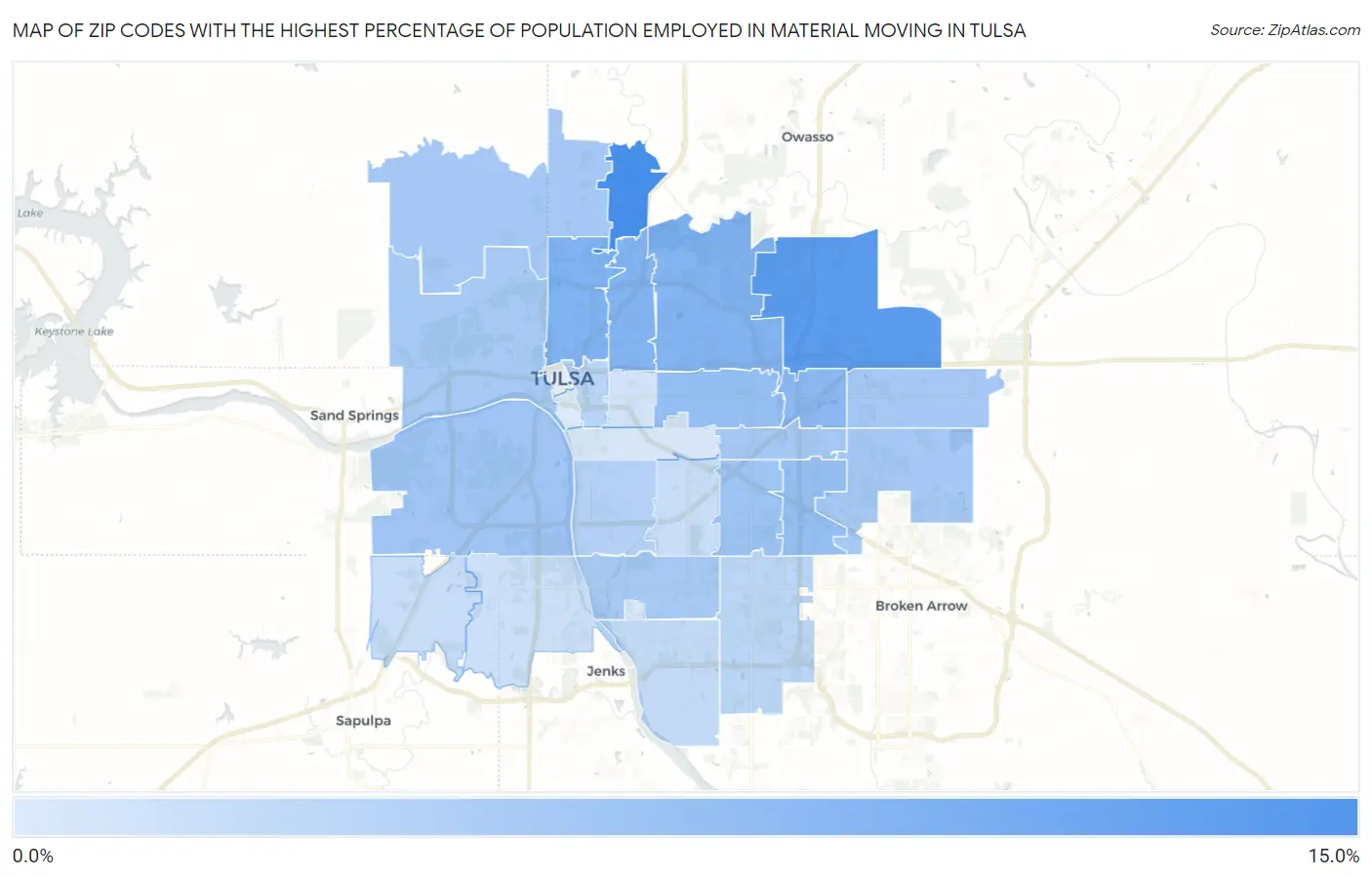 Zip Codes with the Highest Percentage of Population Employed in Material Moving in Tulsa Map