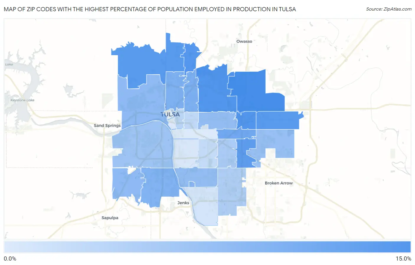 Zip Codes with the Highest Percentage of Population Employed in Production in Tulsa Map