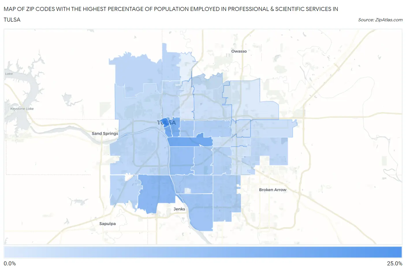 Zip Codes with the Highest Percentage of Population Employed in Professional & Scientific Services in Tulsa Map