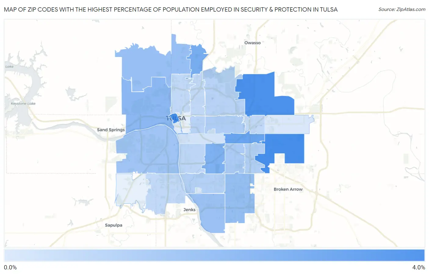 Zip Codes with the Highest Percentage of Population Employed in Security & Protection in Tulsa Map