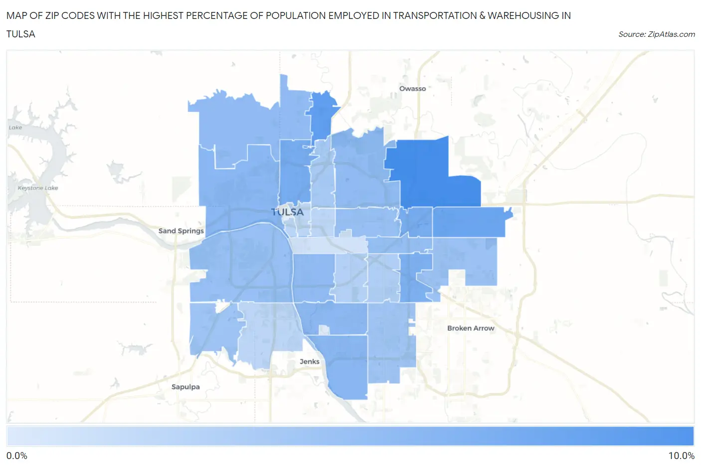 Zip Codes with the Highest Percentage of Population Employed in Transportation & Warehousing in Tulsa Map