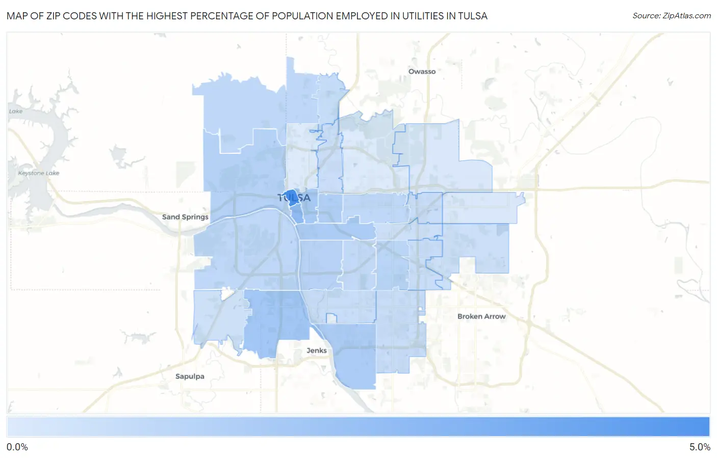 Zip Codes with the Highest Percentage of Population Employed in Utilities in Tulsa Map