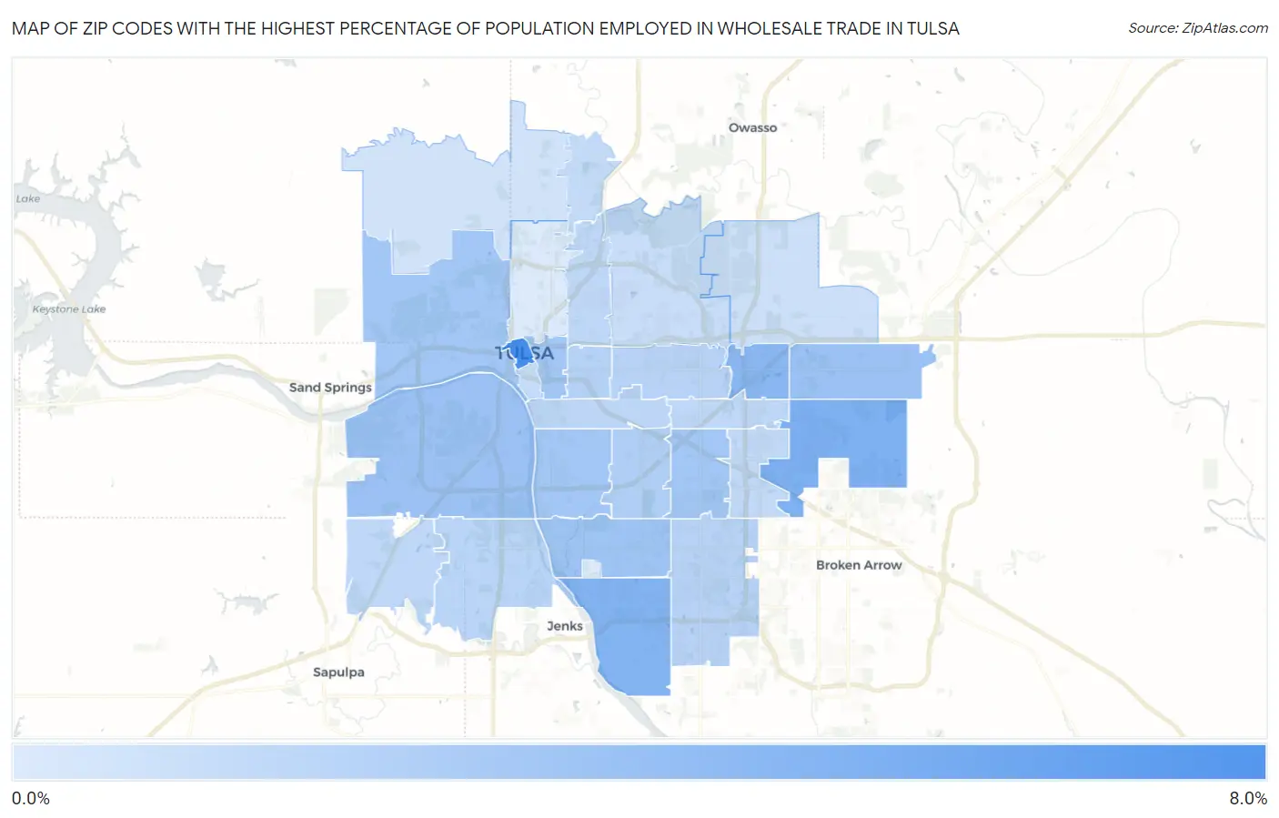 Zip Codes with the Highest Percentage of Population Employed in Wholesale Trade in Tulsa Map